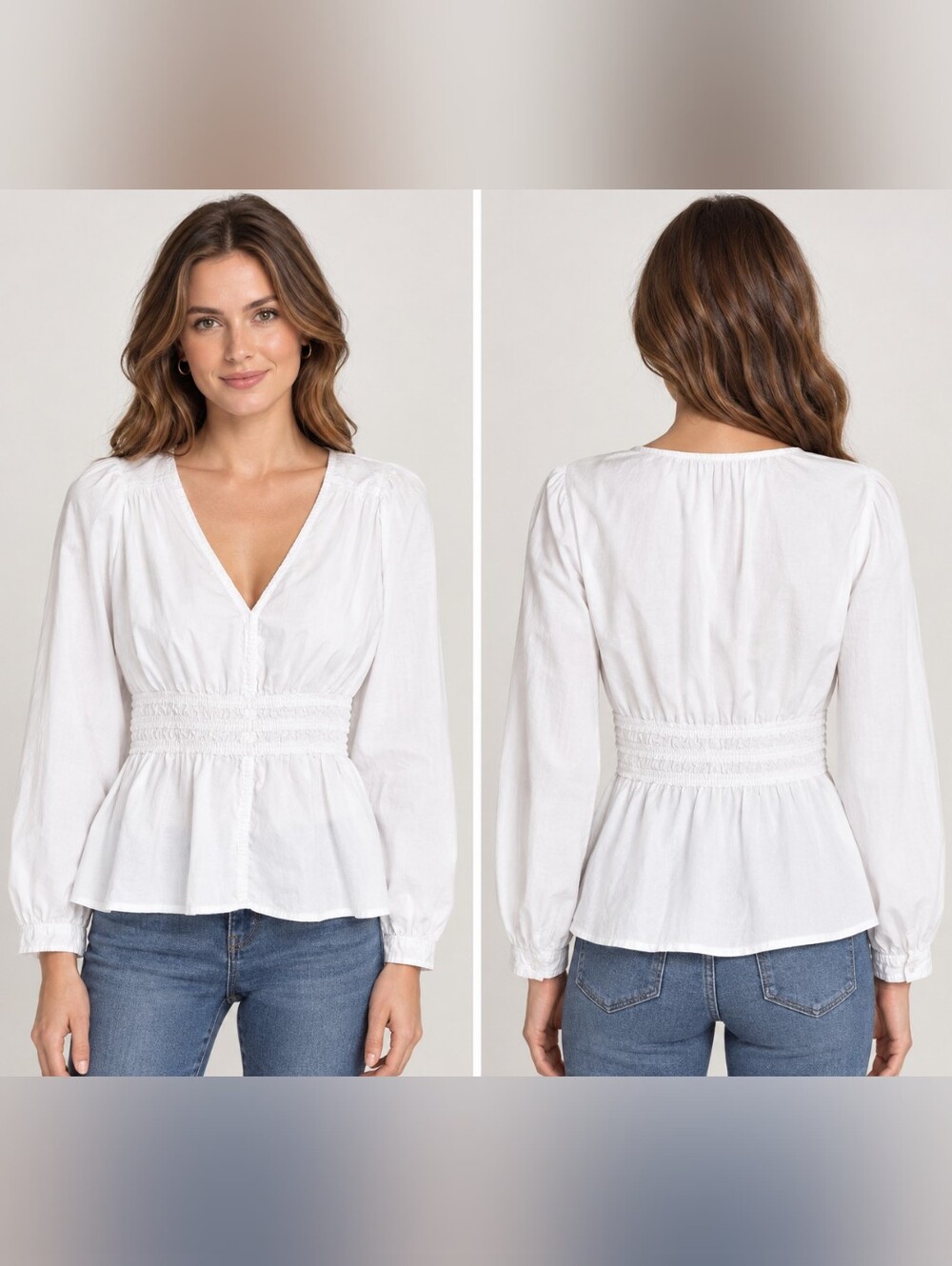 GAP 100% Cotton White V-Neck Top with Smocked Waist & Cuffs - Size S
